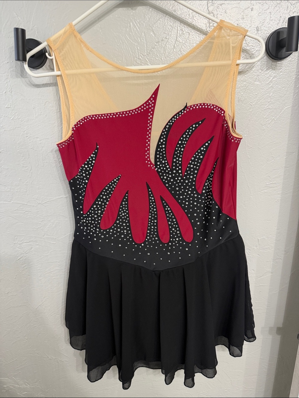 Women's Red and Black Embellished Mesh Skater Dress
